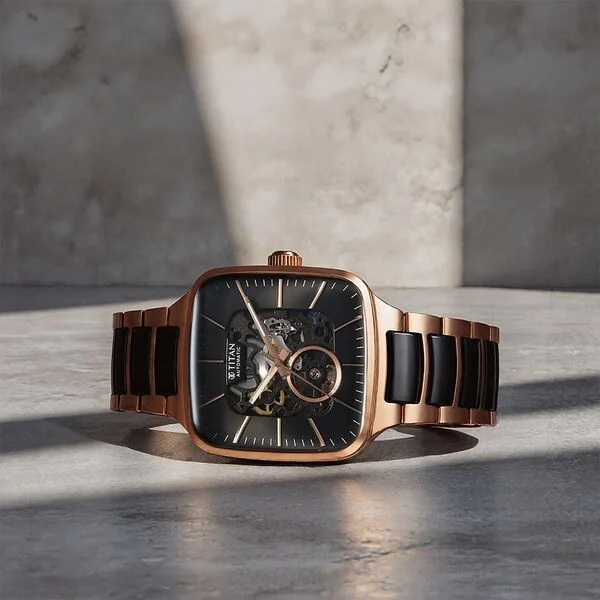 Titan Ceramic Fusion Automatic Square Black Dial Silver Dual-Toned Stainless Steel Bracelet Watch for Men