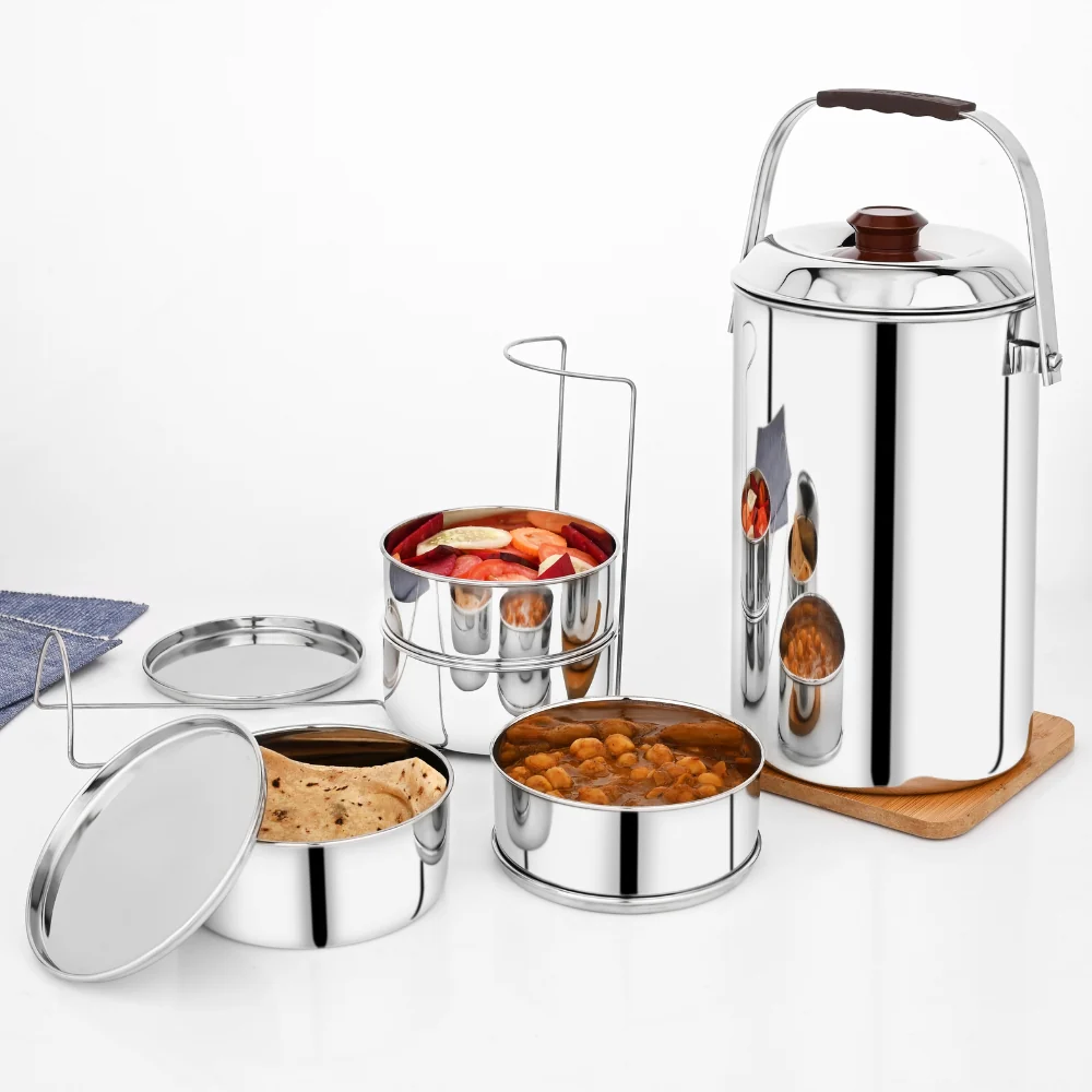 VINOD Stainless Steel Deluxe Hot Tiffin with 4 Compartments, Rust Free, Leak Proof, Insulated and Dishwasher Safe