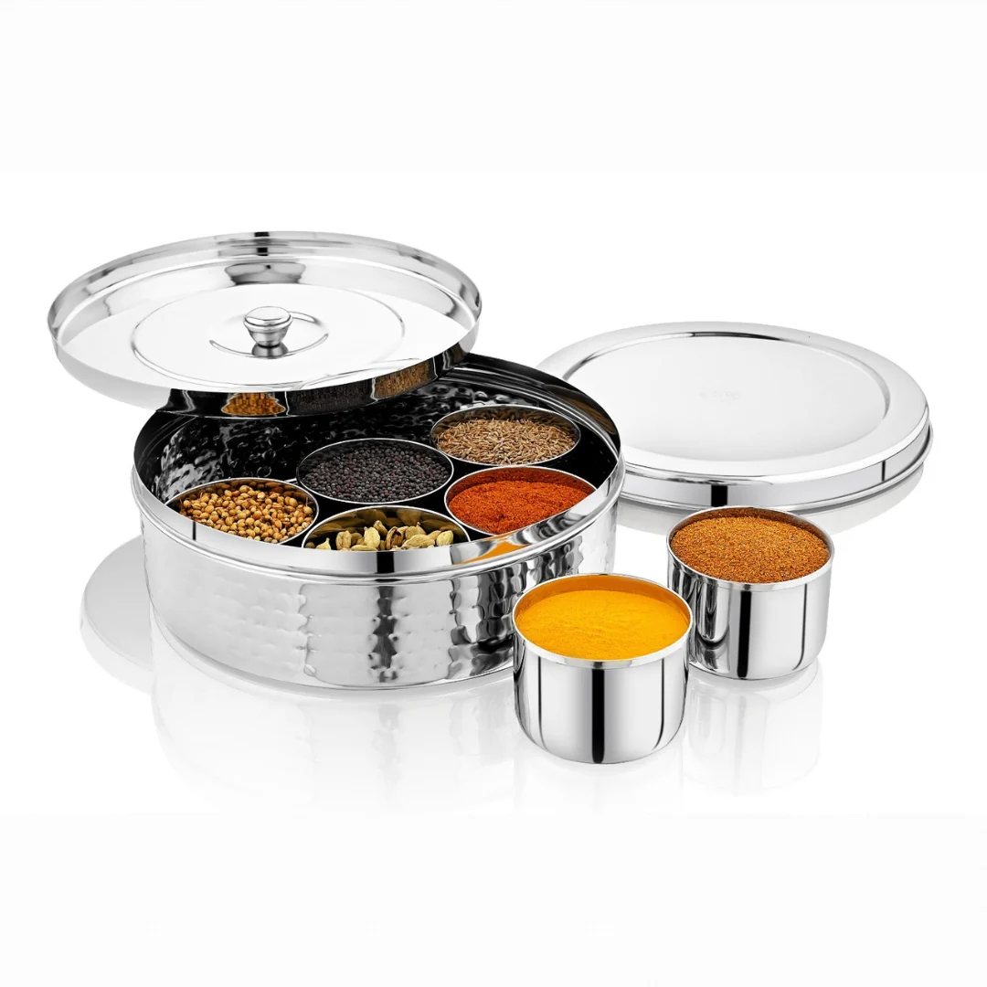 VINOD Hammered Stainless Steel Spice Box / Masala Dabba with 7 Containers, Spoon & Inner Lid, Airtight Body, Rust Free - 8.5 Inch (No.13)