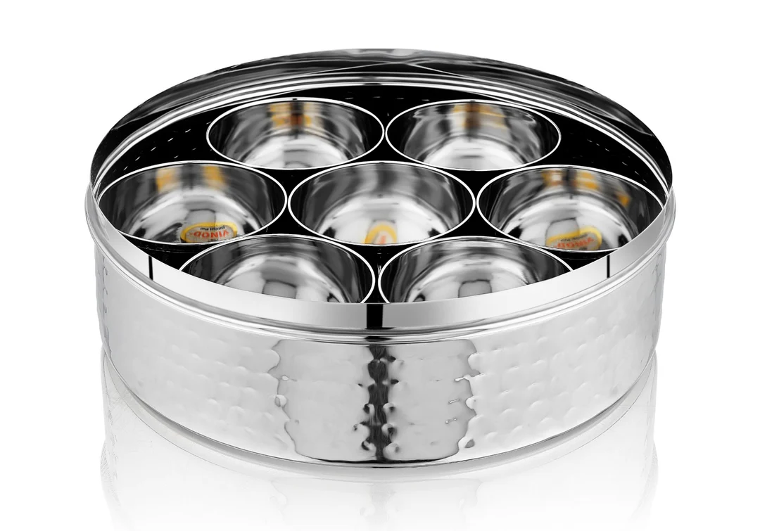 VINOD Hammered Stainless Steel Spice Box / Masala Dabba with 7 Containers, Spoon & Inner Lid, Airtight Body, Rust Free - 8.5 Inch (No.13)