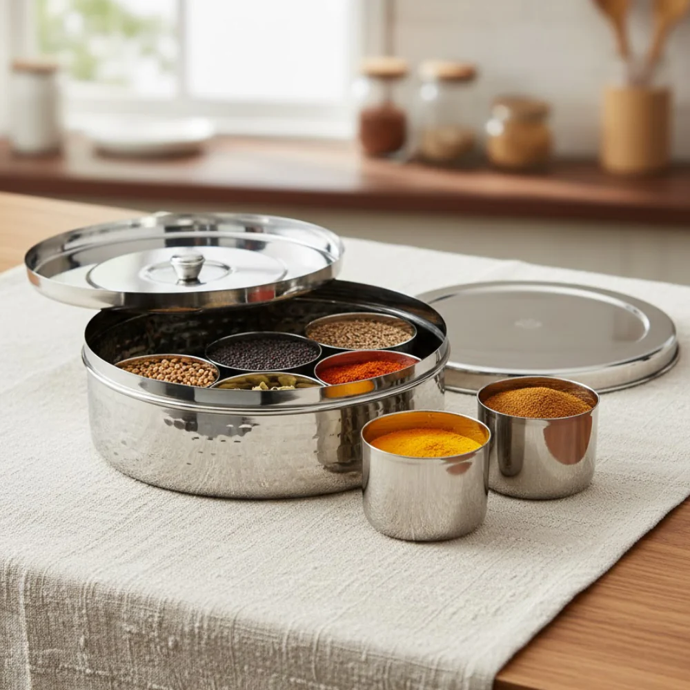 VINOD Hammered Stainless Steel Spice Box / Masala Dabba with 7 Containers, Spoon & Inner Lid, Airtight Body, Rust Free - 8.5 Inch (No.13)