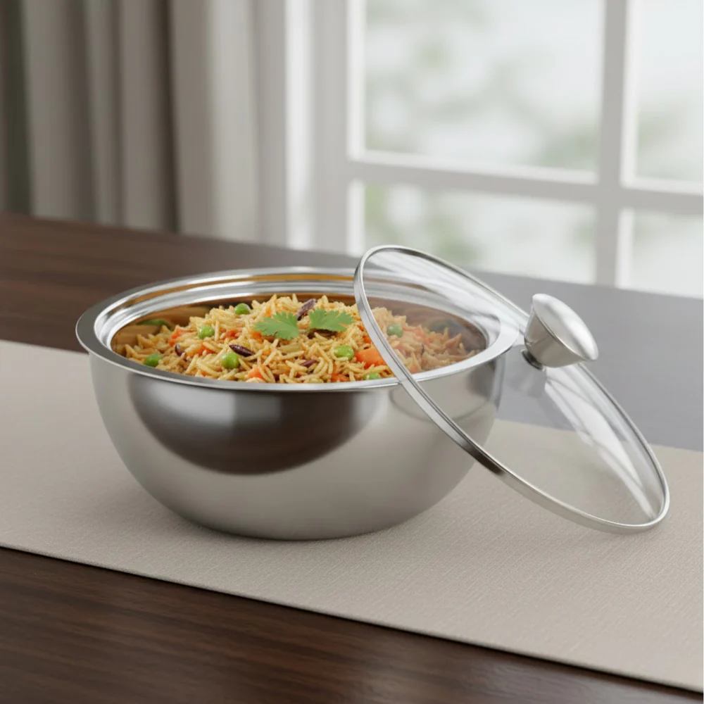 VINOD Stainless Steel Montero Insulated Casserole with Glass Lid & Steel Knob | Capacity 500 ml
