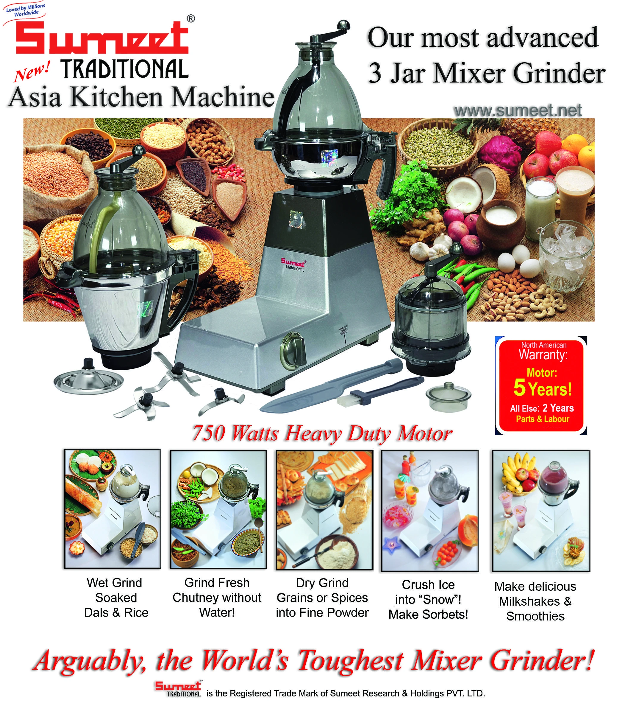 Kitchen Machine 750 Watts 3 Jar Heavy Duty Mixer Grinder.